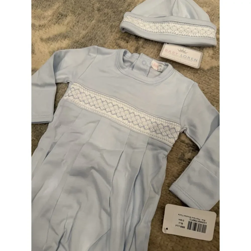 Baby Loren Blue Pima Cotton Smocked Footie & Hat Set 0-3 Months NWT